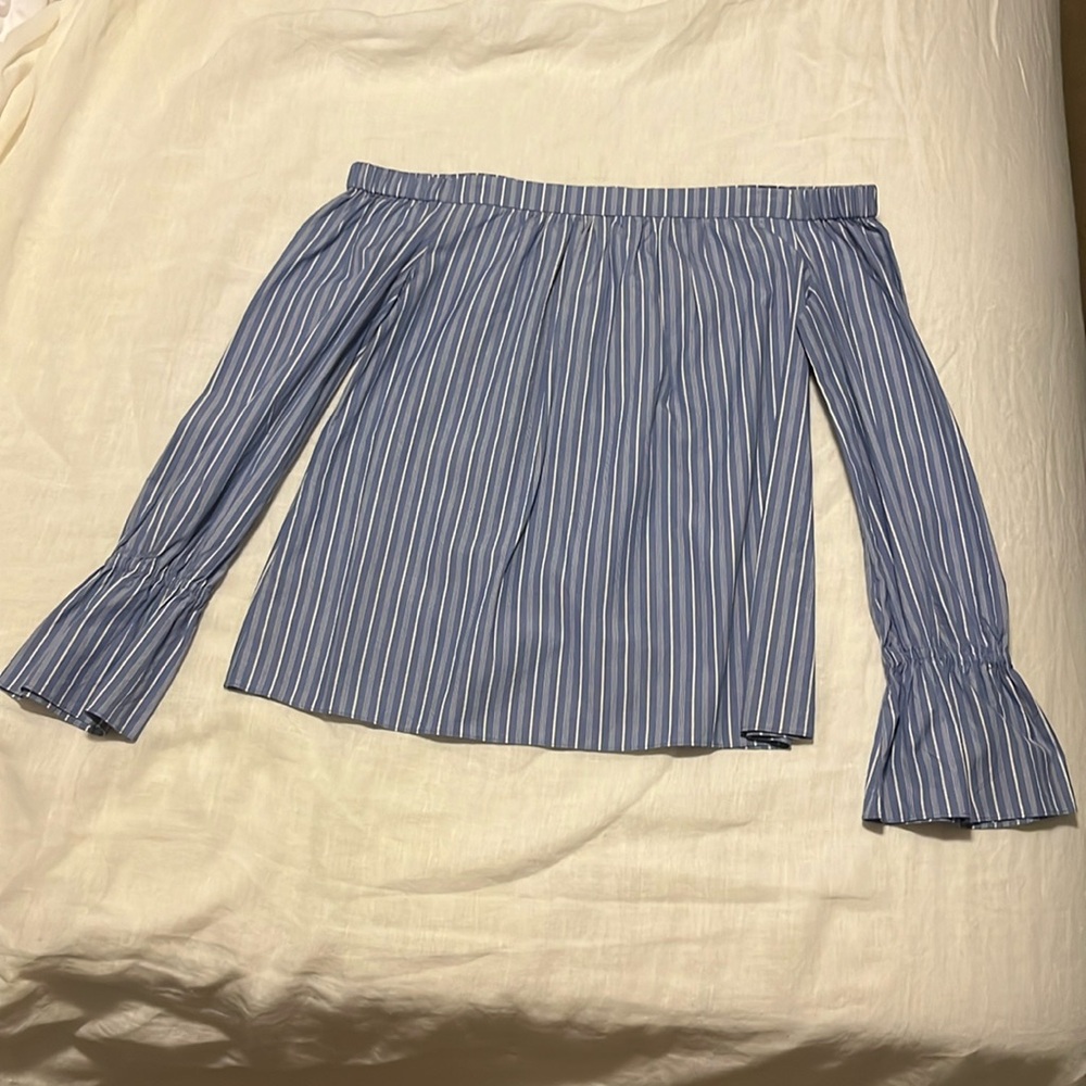 Off the Shoulder Blue & White Striped Long Sleeve Shirt